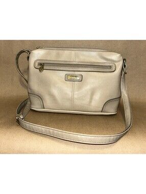Liz Clairborne beige crossbody bag- gold tone logo - multiple zipper pockets